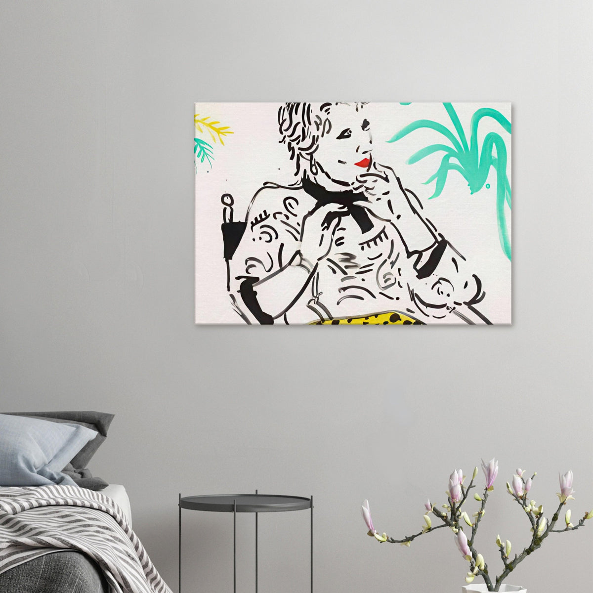 Celia With Green Plant by David Hockney, canvas print showing Celia seated beside a green plant, with patterned clothing and bold linework.