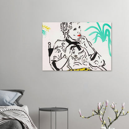 Celia With Green Plant by David Hockney, canvas print showing Celia seated beside a green plant, with patterned clothing and bold linework.