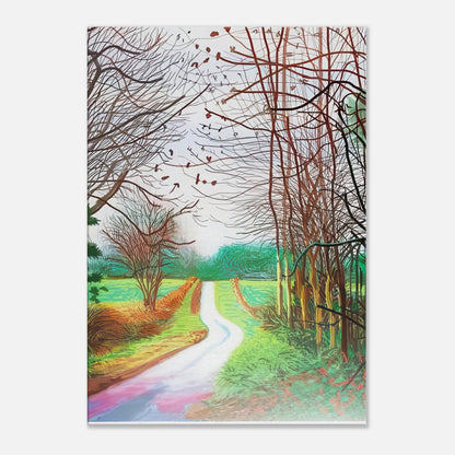 The Arrival of Spring in Woldgate, 29 December No. 1 — David Hockney canvas print showing a winding woodland path and budding trees.