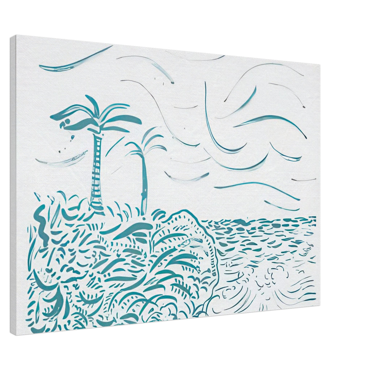 David Hockney canvas print of In Front Of House Looking West, composed of flowing turquoise lines suggesting water and shoreline, size 30 × 45 cm (12 × 18 in).