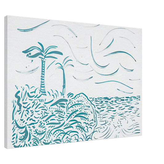 David Hockney canvas print of In Front Of House Looking West, composed of flowing turquoise lines suggesting water and shoreline, size 30 × 45 cm (12 × 18 in).