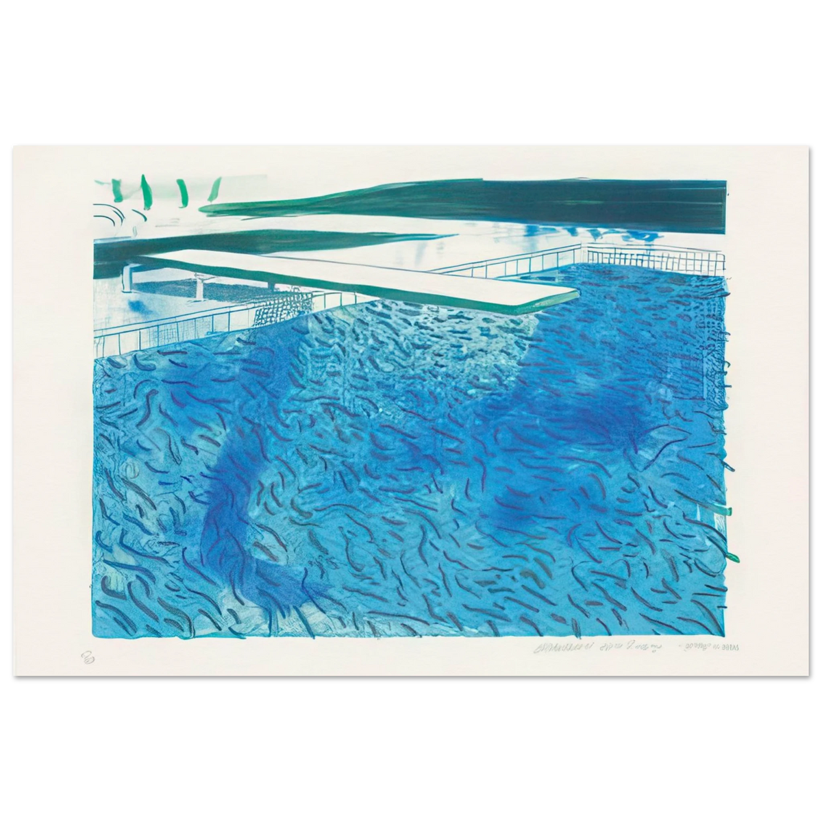 Lithograph Of Water Made Of Thick And Thin Lines, A Green Wash, A Light Blue Wash, And A Dark Blue Wash