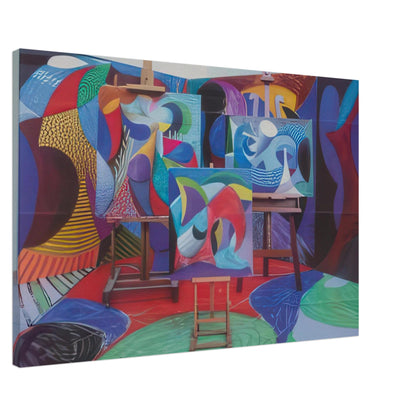 David Hockney canvas print of Painted Environment II, depicting three canvases on easels within a patterned interior, size 50 × 75 cm (20 × 30 in).