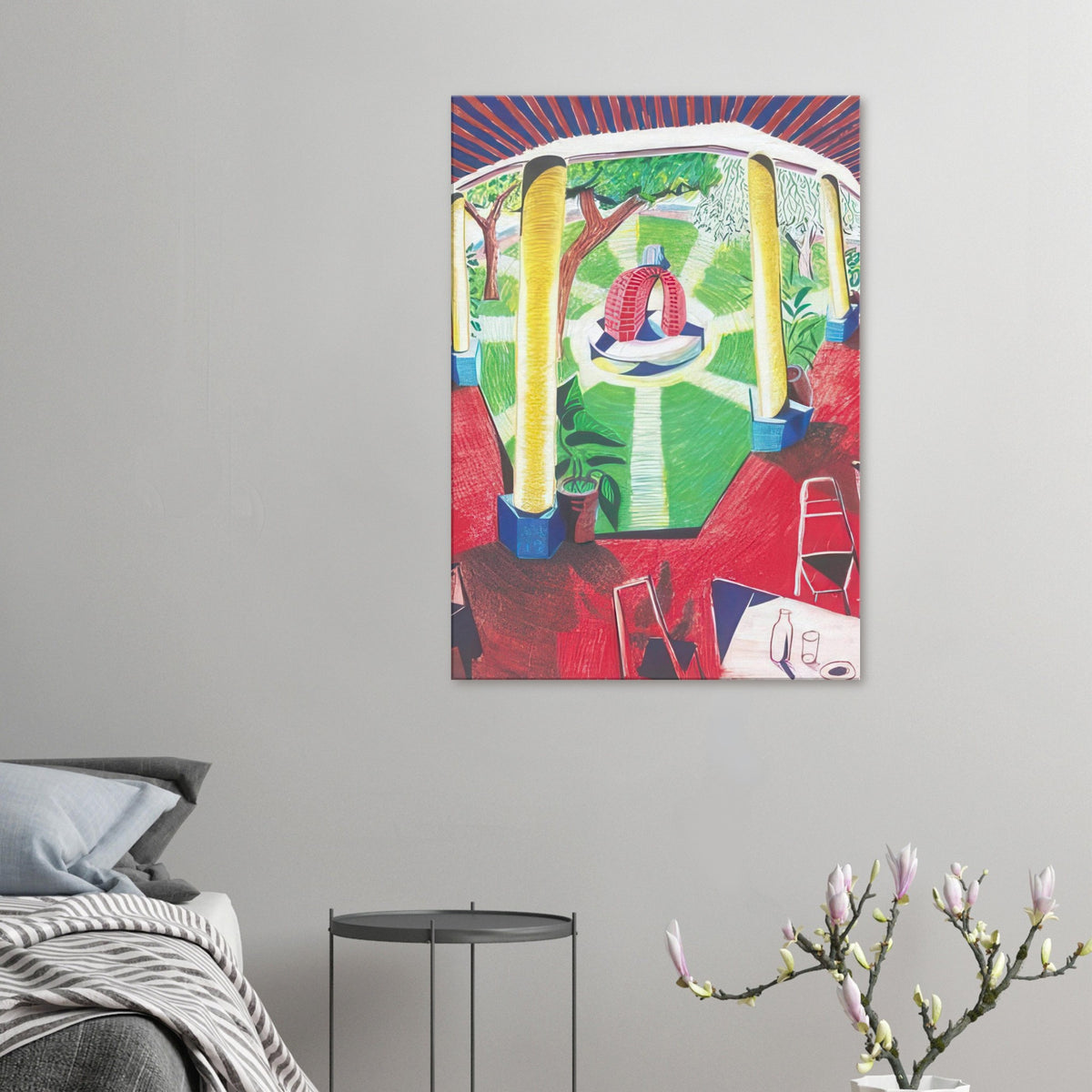 David Hockney, Hotel Acatlán Courtyard, architectural courtyard with layered perspective, canvas print