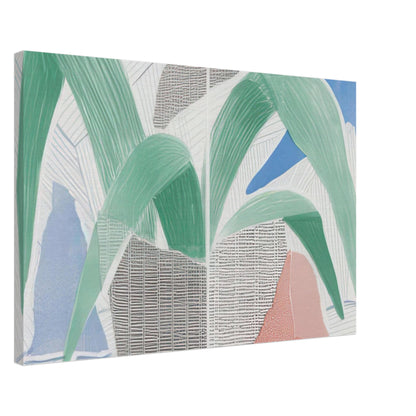 Green Grey Blue Plant July by David Hockney, canvas print showing a leafy potted plant with green foliage, blue and grey accents, and warm red tones, 60 × 90 cm (24 × 36 in).