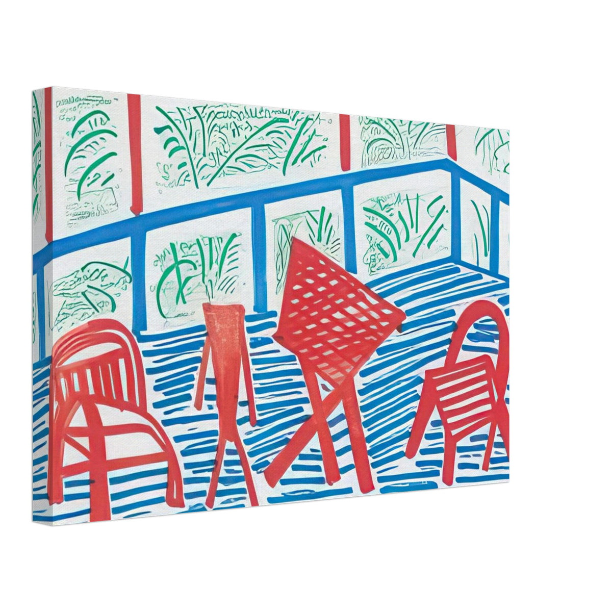 Two Red Chairs And Table by David Hockney, canvas print showing two red chairs and a table against blue-striped flooring and green foliage, 50 × 75 cm (20 × 30 in).