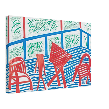 Two Red Chairs And Table by David Hockney, canvas print showing two red chairs and a table against blue-striped flooring and green foliage, 50 × 75 cm (20 × 30 in).