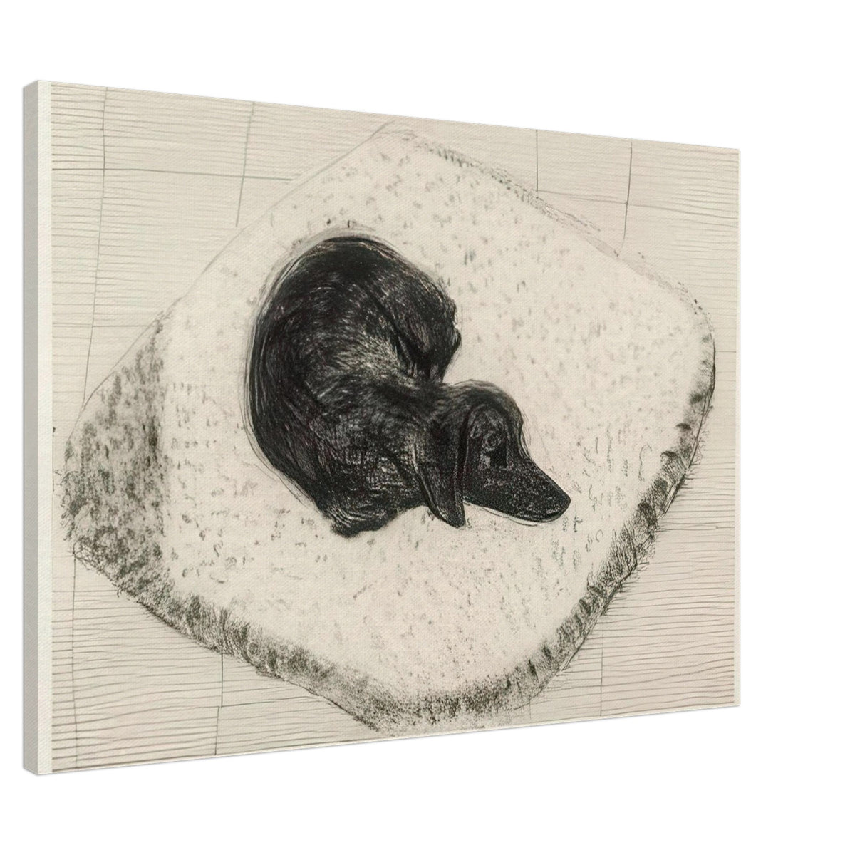 Dog Etching No. 12 by David Hockney, canvas print showing a dark-coated dog curled up on a textured cushion in etched black-and-white lines, 30 × 45 cm (12 × 18 in).