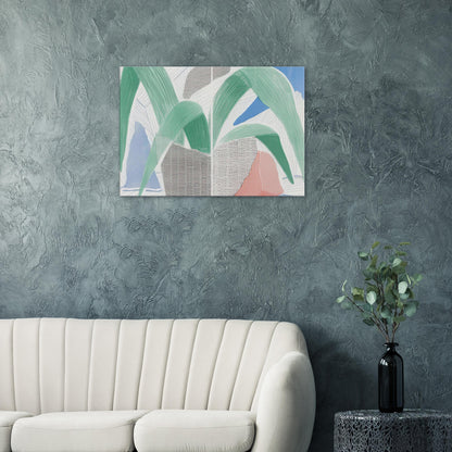 Green Grey Blue Plant July by David Hockney, canvas print showing a leafy potted plant with green foliage, blue and grey accents, and warm red tones.