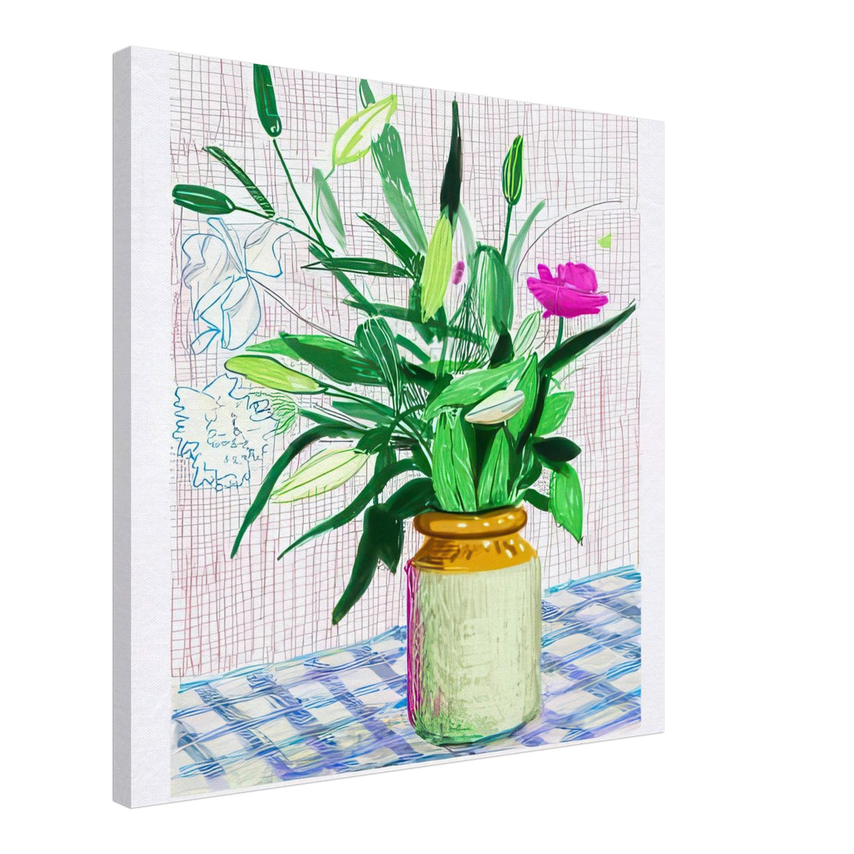 David Hockney, Untitled No. 516, flowers and ferns in a vase on a blue checked table, canvas print, 60 × 75 cm (24 × 30 in)
