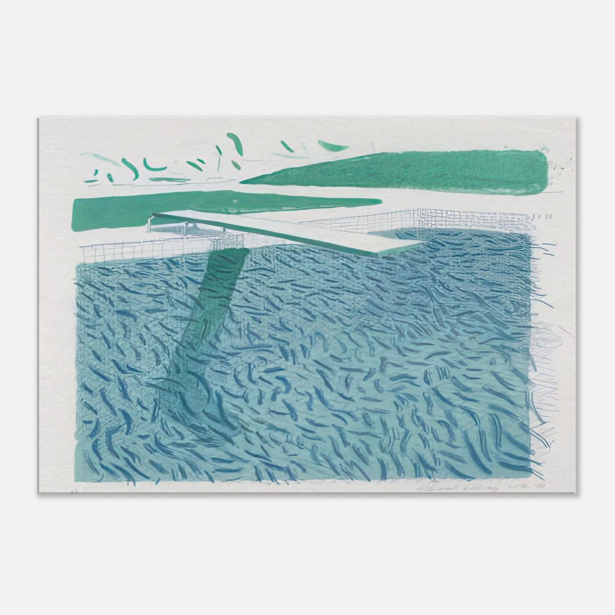 David Hockney canvas print of Lithographic Water Made Of Lines, Crayon And A Blue Wash, using crayon lines and blue washes to suggest ripples and reflections on water.