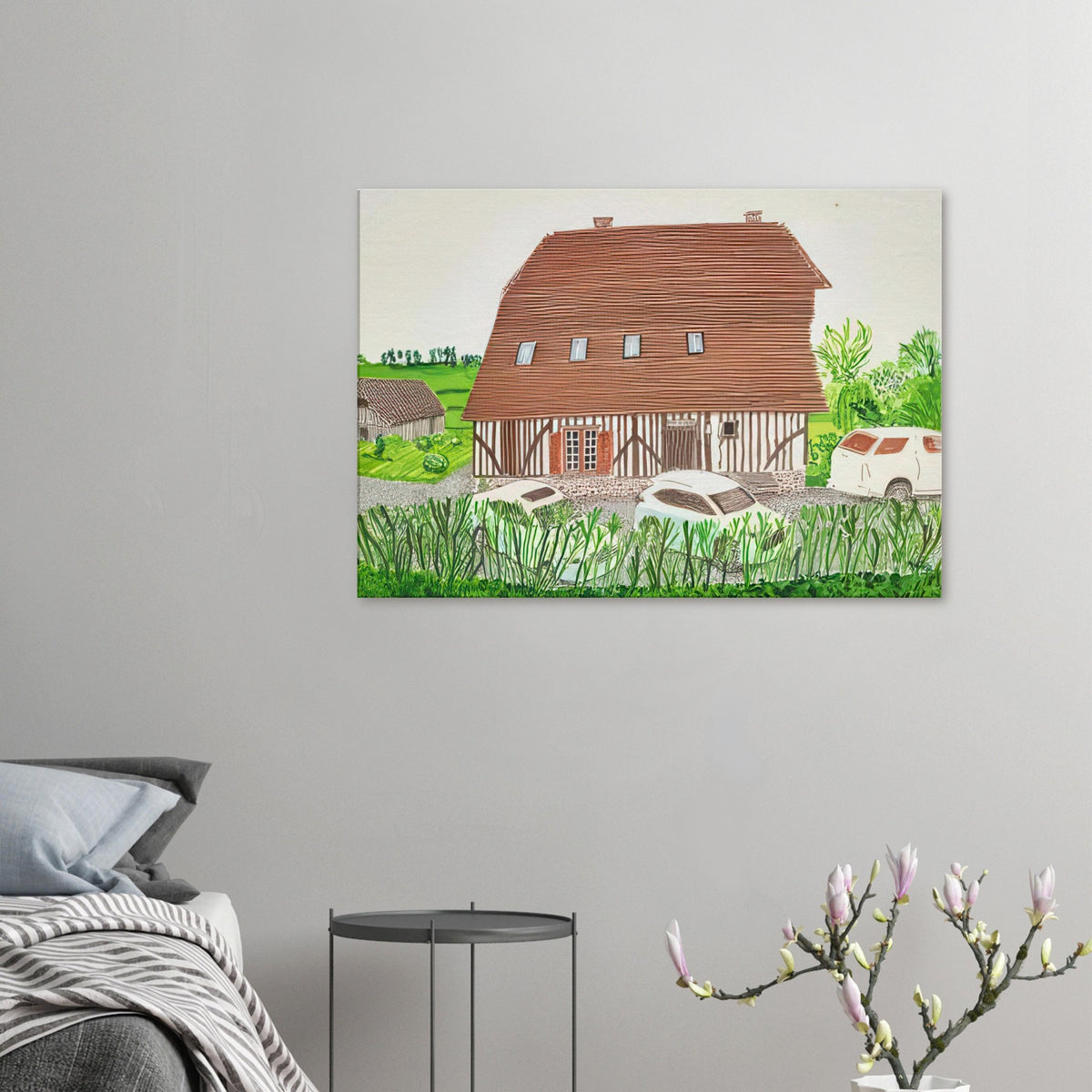 In Front Of House Looking South by David Hockney, canvas print showing Normandy country house, garden and lush greenery.
