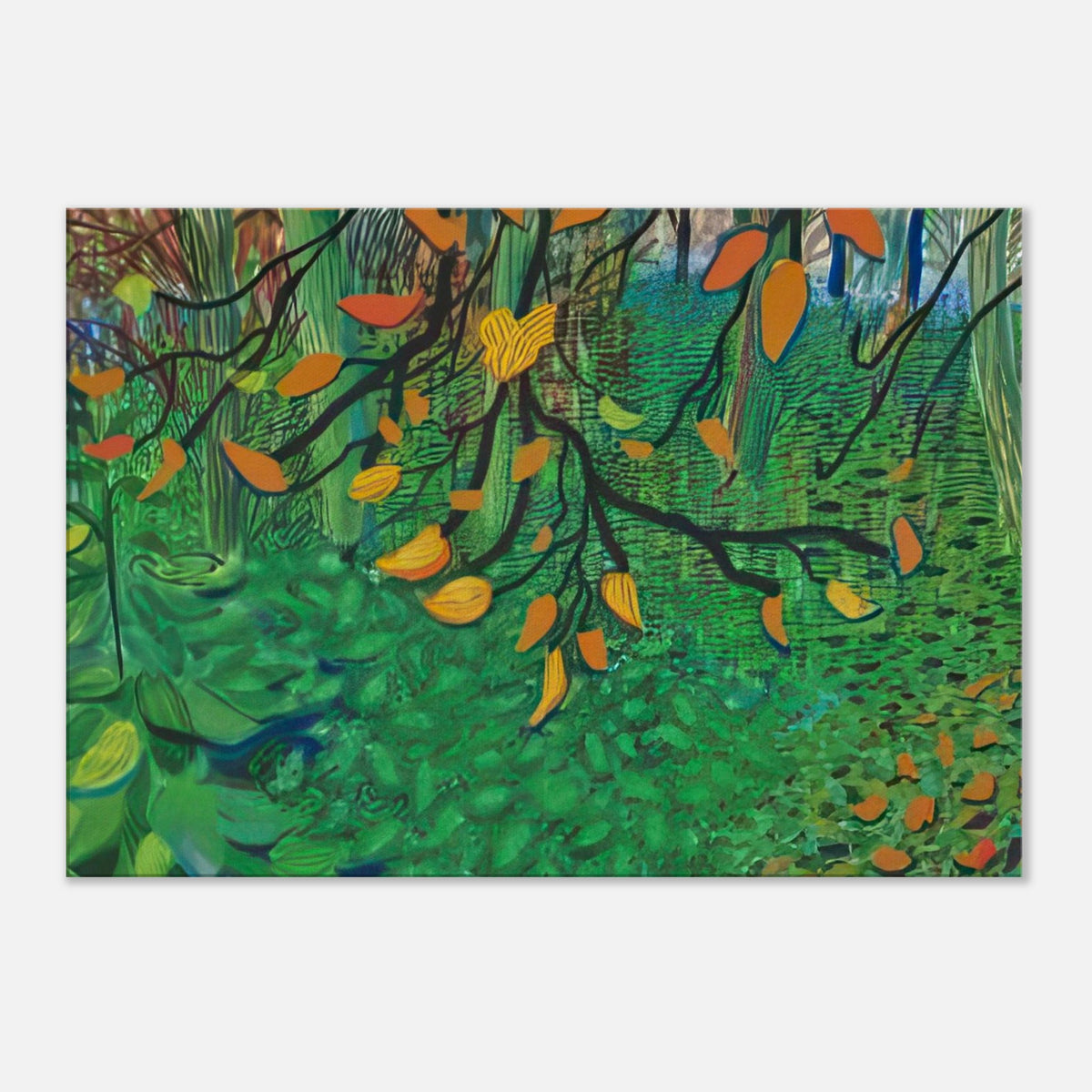 Autumn Leaves by David Hockney, canvas print showing orange and yellow autumn leaves against textured green foliage.