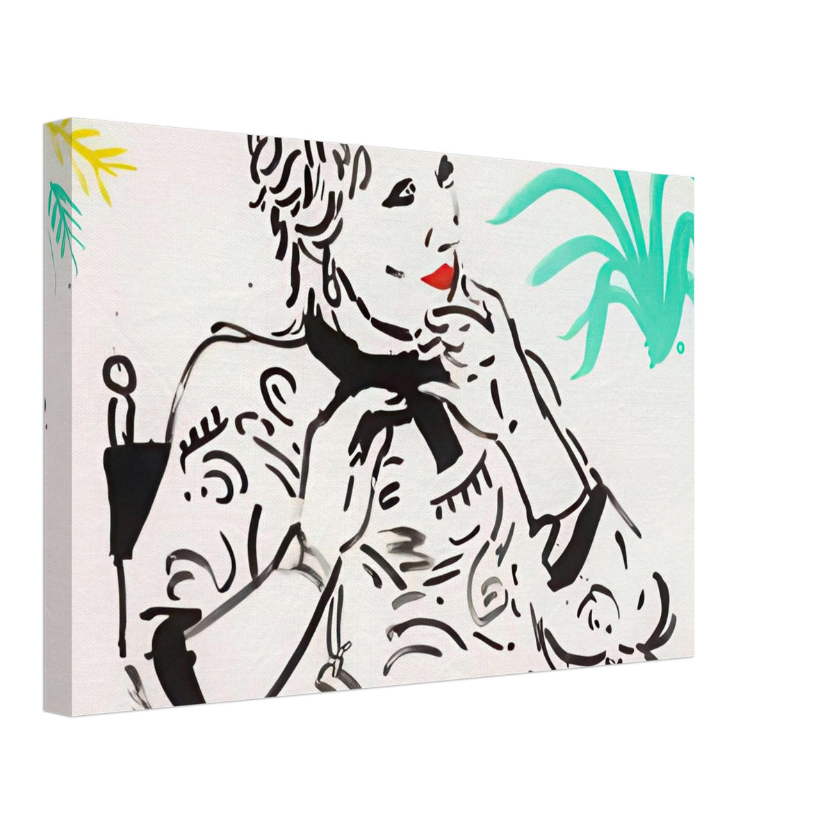 Celia With Green Plant by David Hockney, canvas print showing Celia seated beside a green plant, with patterned clothing and bold linework, 50 × 75 cm (20 × 30 in).