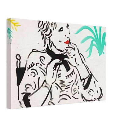 Celia With Green Plant by David Hockney, canvas print showing Celia seated beside a green plant, with patterned clothing and bold linework, 50 × 75 cm (20 × 30 in).