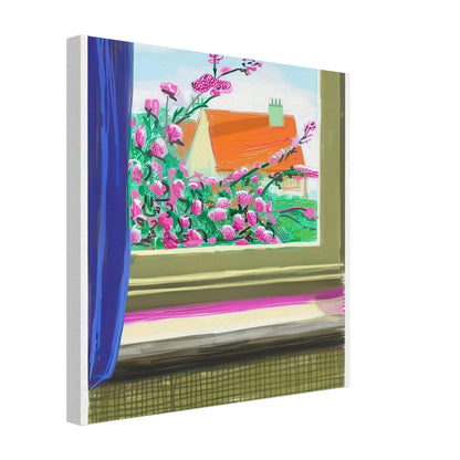 David Hockney, Untitled No. 778, flowers and a red-roofed house seen through a window, canvas print, 60 × 80 cm (24 × 32 in)