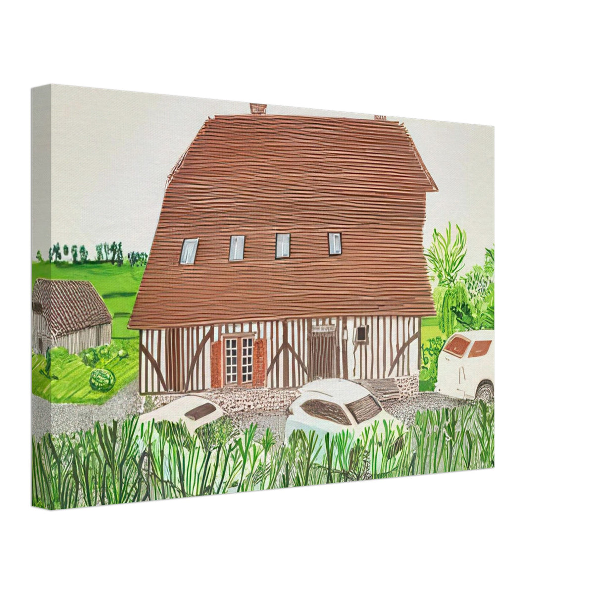 In Front Of House Looking South by David Hockney, canvas print showing Normandy country house, garden and lush greenery, 50 × 75 cm (20 × 30 in).