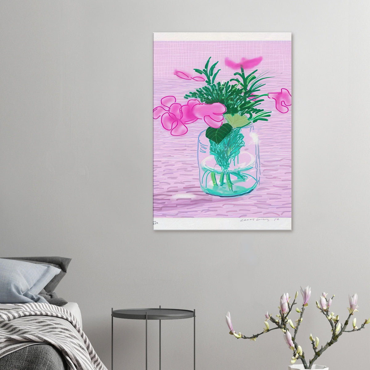 David Hockney, Untitled No. 329, pink flowers in a glass vase, canvas print