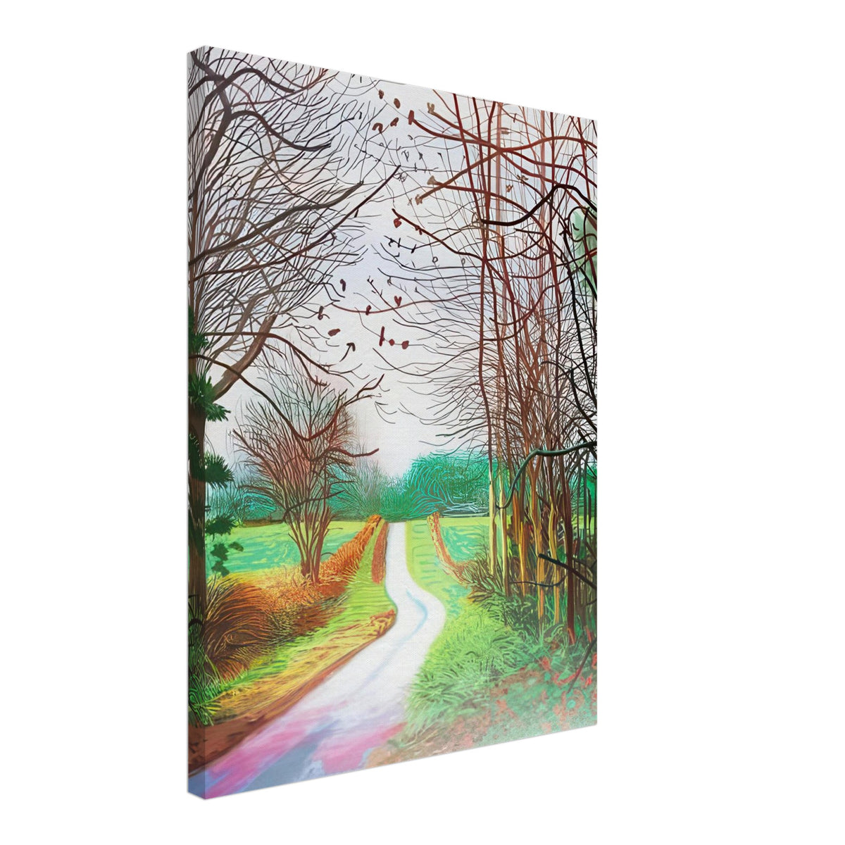 The Arrival of Spring in Woldgate, 29 December No. 1 — David Hockney canvas print of a woodland path, 60 × 60 cm (24 × 24 in).