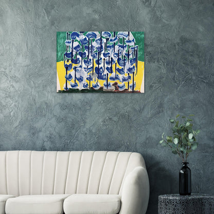 Slow Forest by David Hockney, canvas print showing abstract blue, white, green and yellow shapes with layered textures.