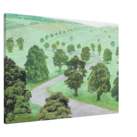 David Hockney canvas print of Green Valley, showing open fields, flowering trees and a winding road in soft, misty colours, size 30 × 45 cm (12 × 18 in).