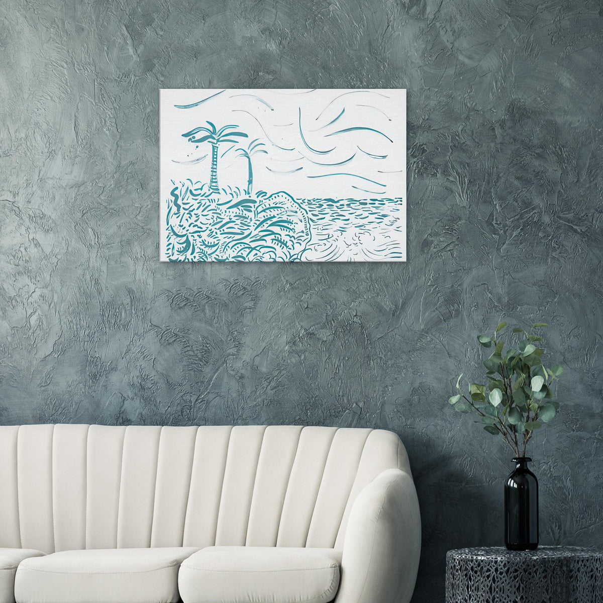 David Hockney canvas print of In Front Of House Looking West, composed of flowing turquoise lines suggesting water and shoreline.