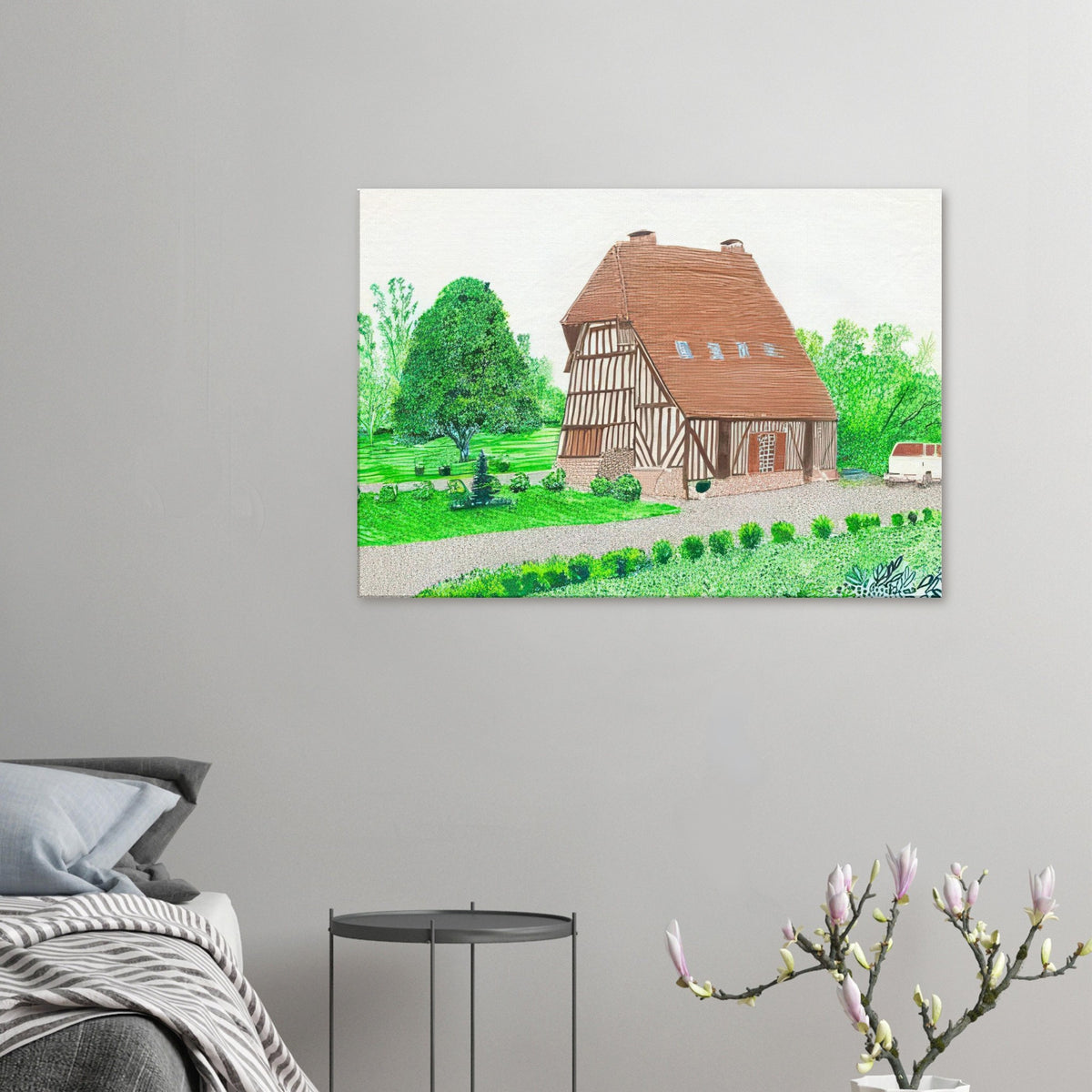 In Front Of House Looking West by David Hockney, canvas print showing Normandy country house, garden and lush greenery.