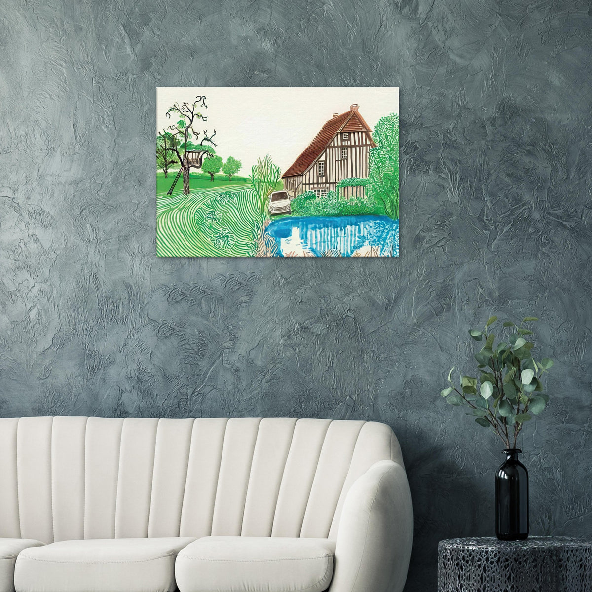 In Front Of House Looking East by David Hockney, canvas print showing Normandy country house, garden and lush greenery.