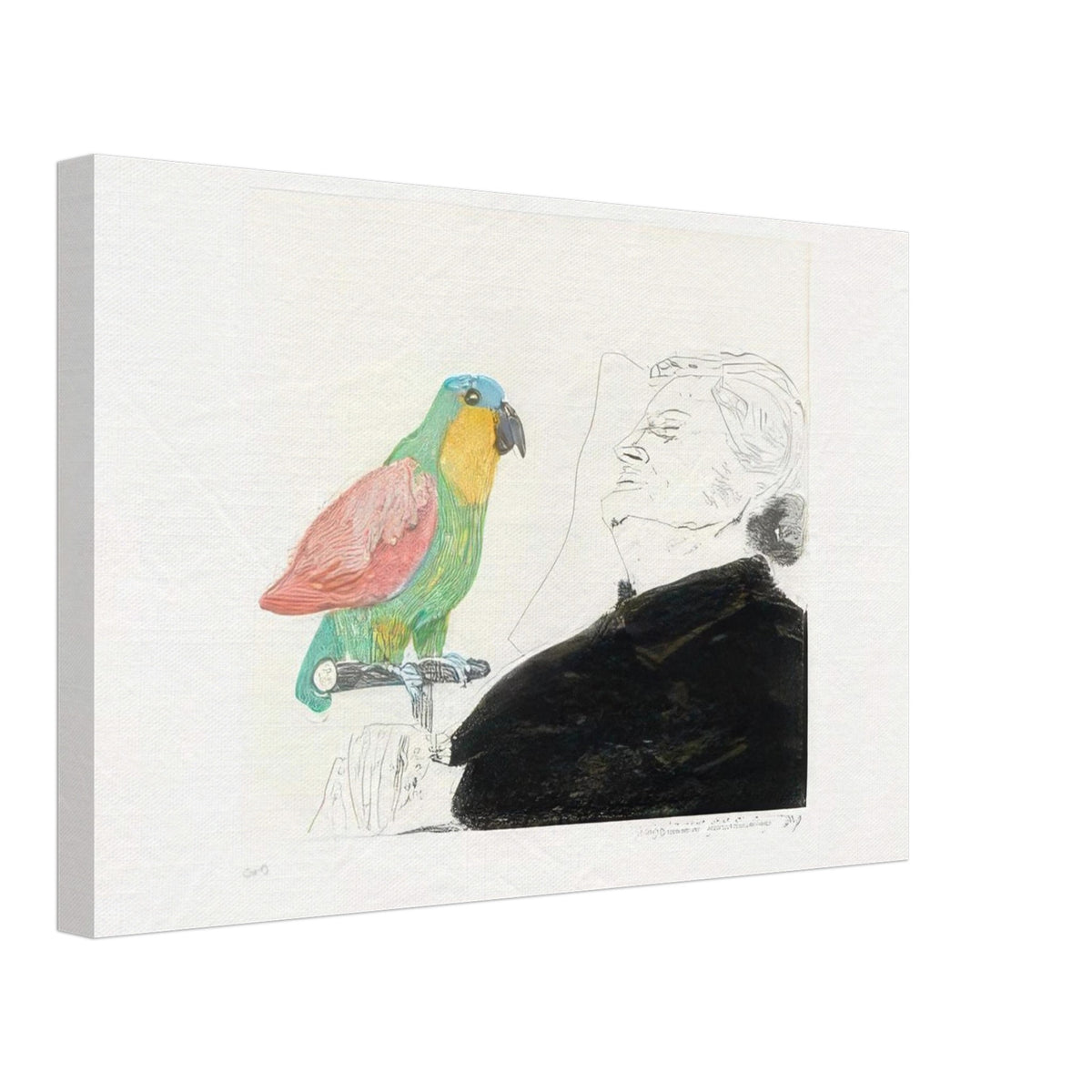 David Hockney canvas print of Felicite Sleeping, With Parrot, depicting a sleeping woman with a brightly coloured parrot perched on her hand, size 70 × 100 cm (28 × 40 in).