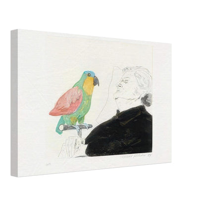 David Hockney canvas print of Felicite Sleeping, With Parrot, depicting a sleeping woman with a brightly coloured parrot perched on her hand, size 70 × 100 cm (28 × 40 in).