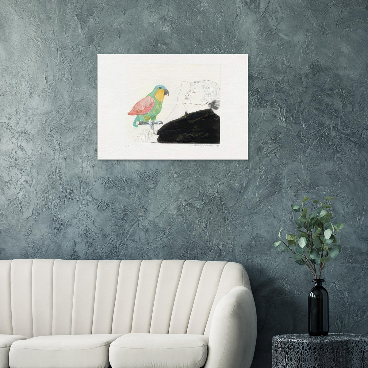 David Hockney canvas print of Felicite Sleeping, With Parrot, depicting a sleeping woman with a brightly coloured parrot perched on her hand.