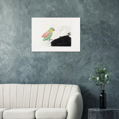 David Hockney canvas print of Felicite Sleeping, With Parrot, depicting a sleeping woman with a brightly coloured parrot perched on her hand.