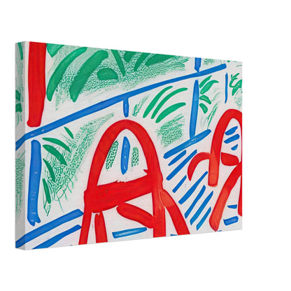 Two Red Chairs by David Hockney, canvas print showing two red chairs against green foliage and blue lines, 70 × 100 cm (28 × 40 in).