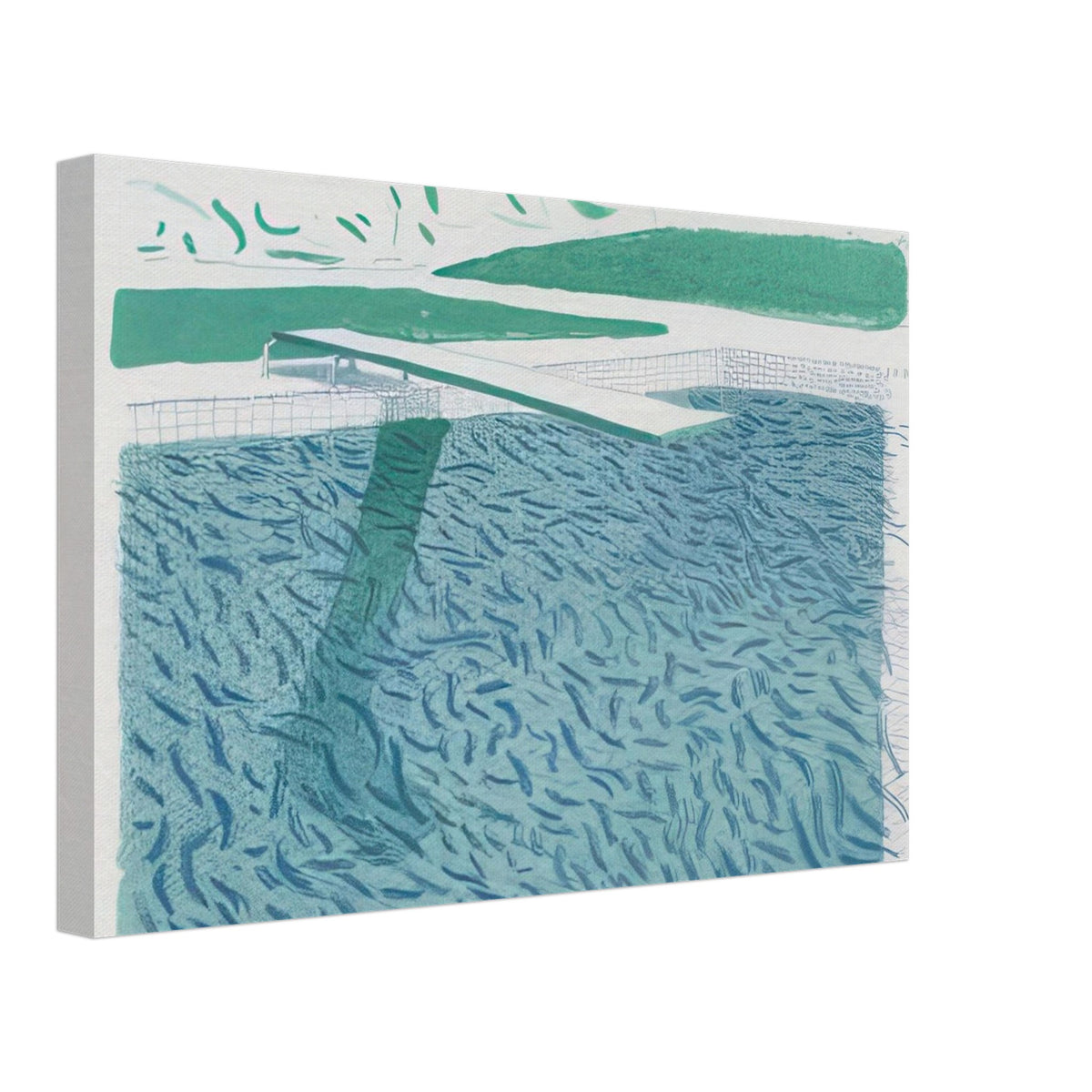 David Hockney canvas print of Lithographic Water Made Of Lines, Crayon And A Blue Wash, using crayon lines and blue washes to suggest ripples and reflections on water, size 50 × 75 cm (20 × 30 in).