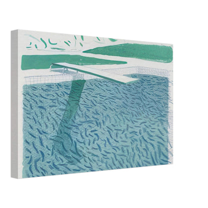 David Hockney canvas print of Lithographic Water Made Of Lines, Crayon And A Blue Wash, using crayon lines and blue washes to suggest ripples and reflections on water, size 50 × 75 cm (20 × 30 in).
