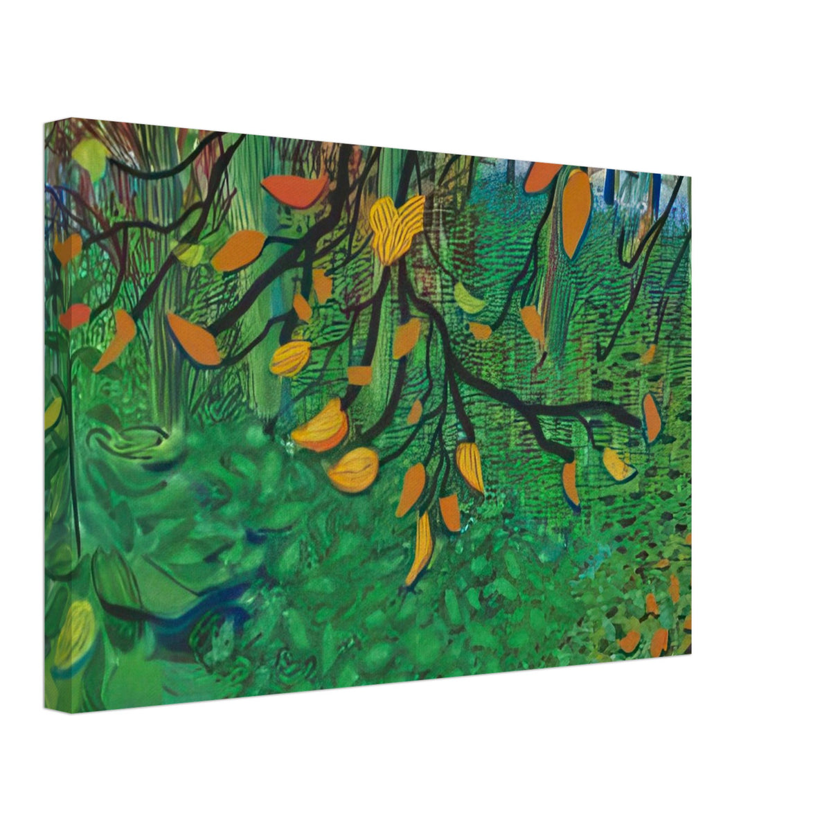 Autumn Leaves by David Hockney, canvas print showing orange and yellow autumn leaves against textured green foliage, 50 × 75 cm (20 × 30 in).