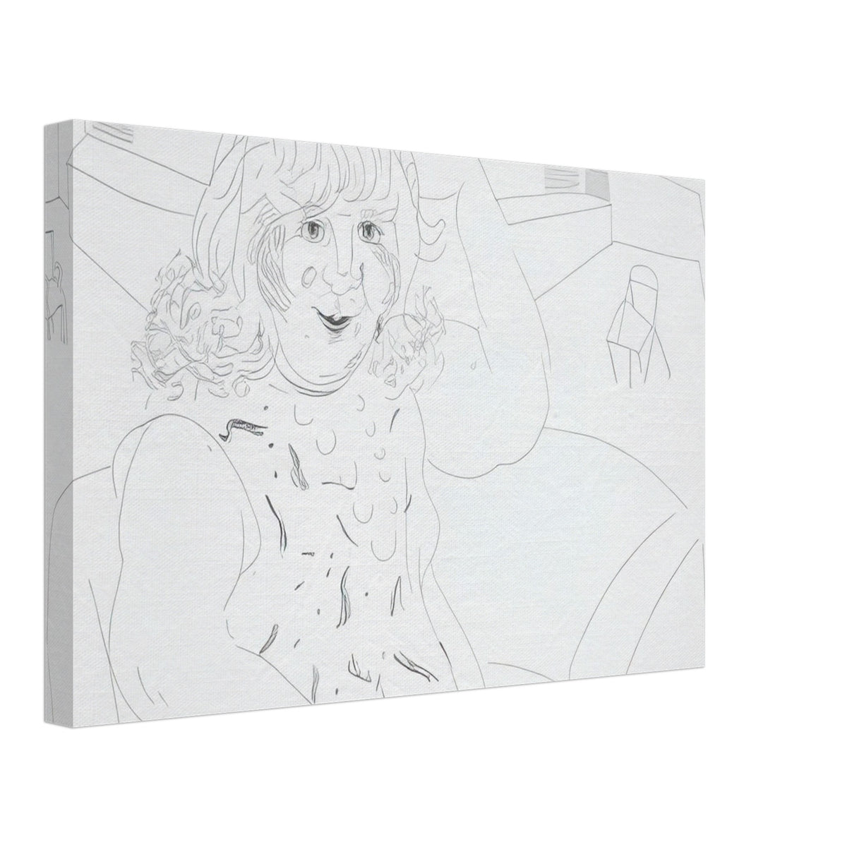 David Hockney canvas print of Ann In The Studio, showing an artist's workspace, an unfinished canvas and a garden view through a door, size 50 × 75 cm (20 × 30 in).