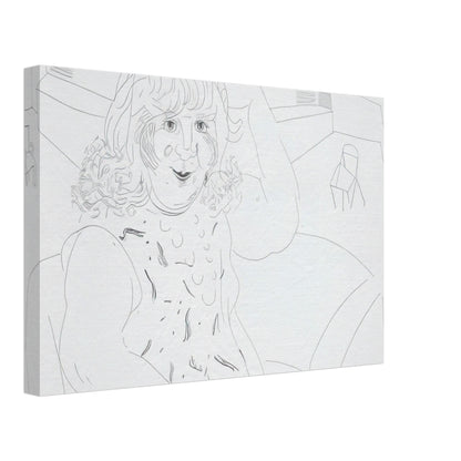 David Hockney canvas print of Ann In The Studio, showing an artist's workspace, an unfinished canvas and a garden view through a door, size 50 × 75 cm (20 × 30 in).