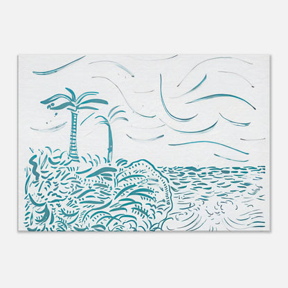 David Hockney canvas print of In Front Of House Looking West, composed of flowing turquoise lines suggesting water and shoreline.