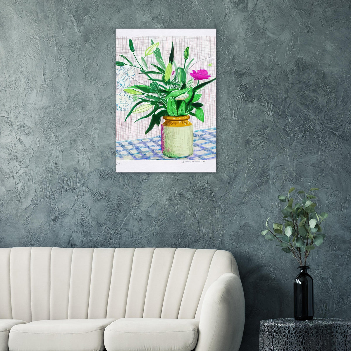 David Hockney, Untitled No. 516, flowers and ferns in a vase on a blue checked table, canvas print
