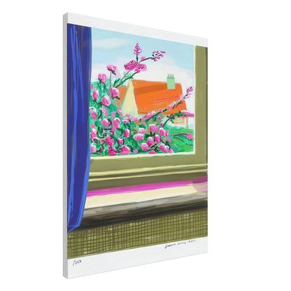 David Hockney, Untitled No. 778, flowers and a red-roofed house seen through a window, canvas print, 70 × 100 cm (28 × 40 in)