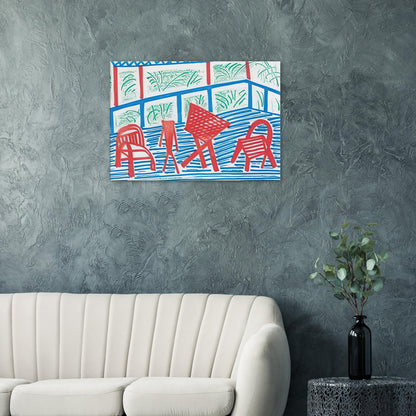 Two Red Chairs And Table by David Hockney, canvas print showing two red chairs and a table against blue-striped flooring and green foliage.