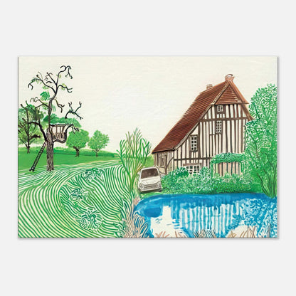 In Front Of House Looking East by David Hockney, canvas print showing Normandy country house, garden and lush greenery.