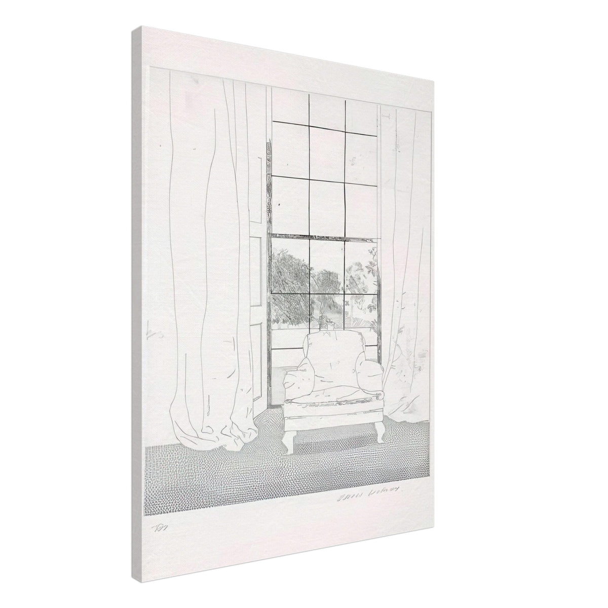 David Hockney, Home, armchair beside a curtained window overlooking a garden, canvas print, 60 × 90 cm (24 × 36 in)