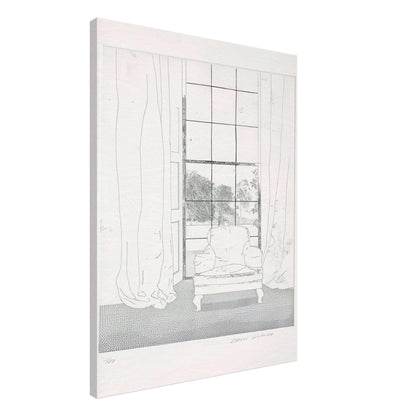 David Hockney, Home, armchair beside a curtained window overlooking a garden, canvas print, 60 × 90 cm (24 × 36 in)