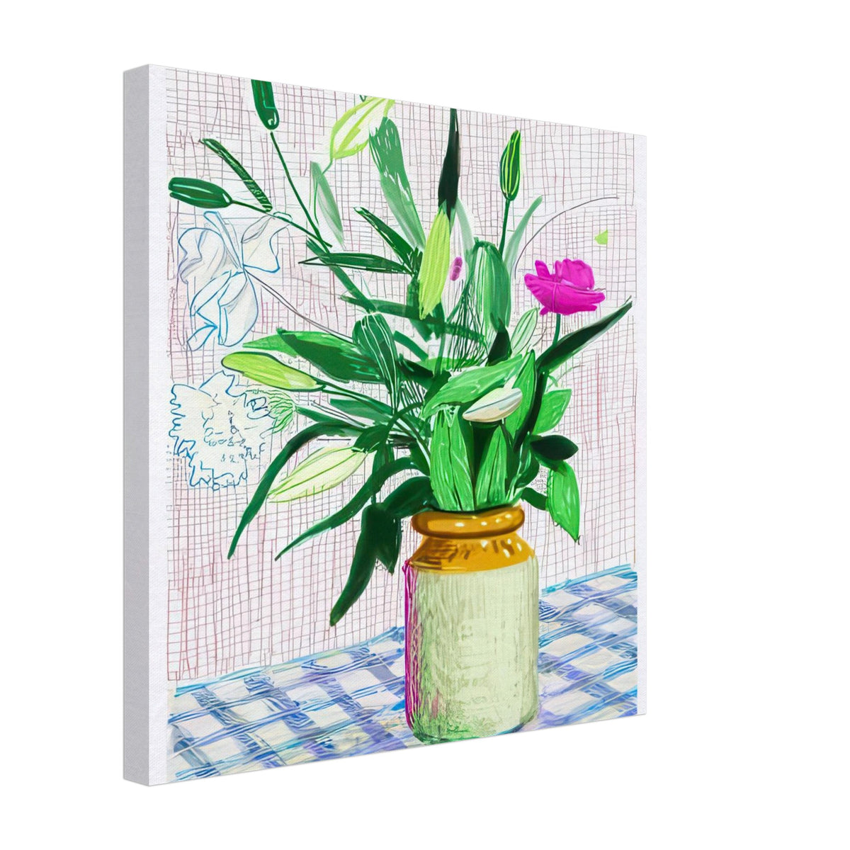 David Hockney, Untitled No. 516, flowers and ferns in a vase on a blue checked table, canvas print, 30 × 30 cm (12 × 12 in)