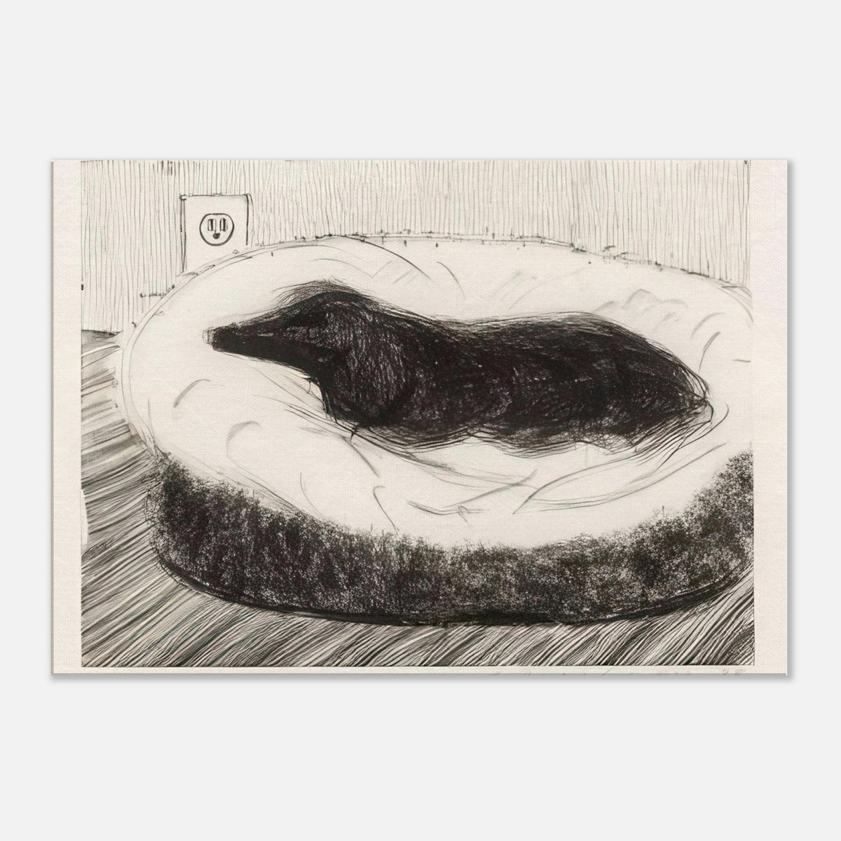 Dog Etching No. 5 by David Hockney, canvas print showing dark-coated dog resting on a cushioned seat in etched black-and-white lines.