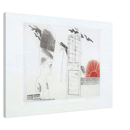 The Start Of A Spending Spree And The Door Opening For A Blonde by David Hockney, canvas print showing open doorway, symbolic objects and a red sun motif, 30 × 45 cm (12 × 18 in).