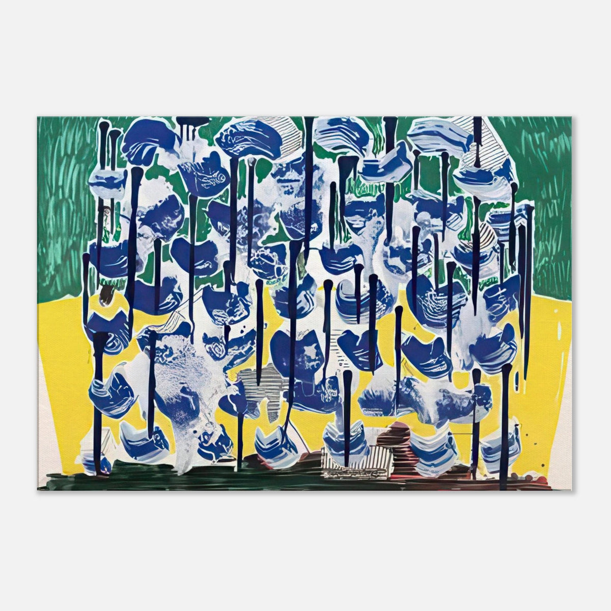 Slow Forest by David Hockney, canvas print showing abstract blue, white, green and yellow shapes with layered textures.