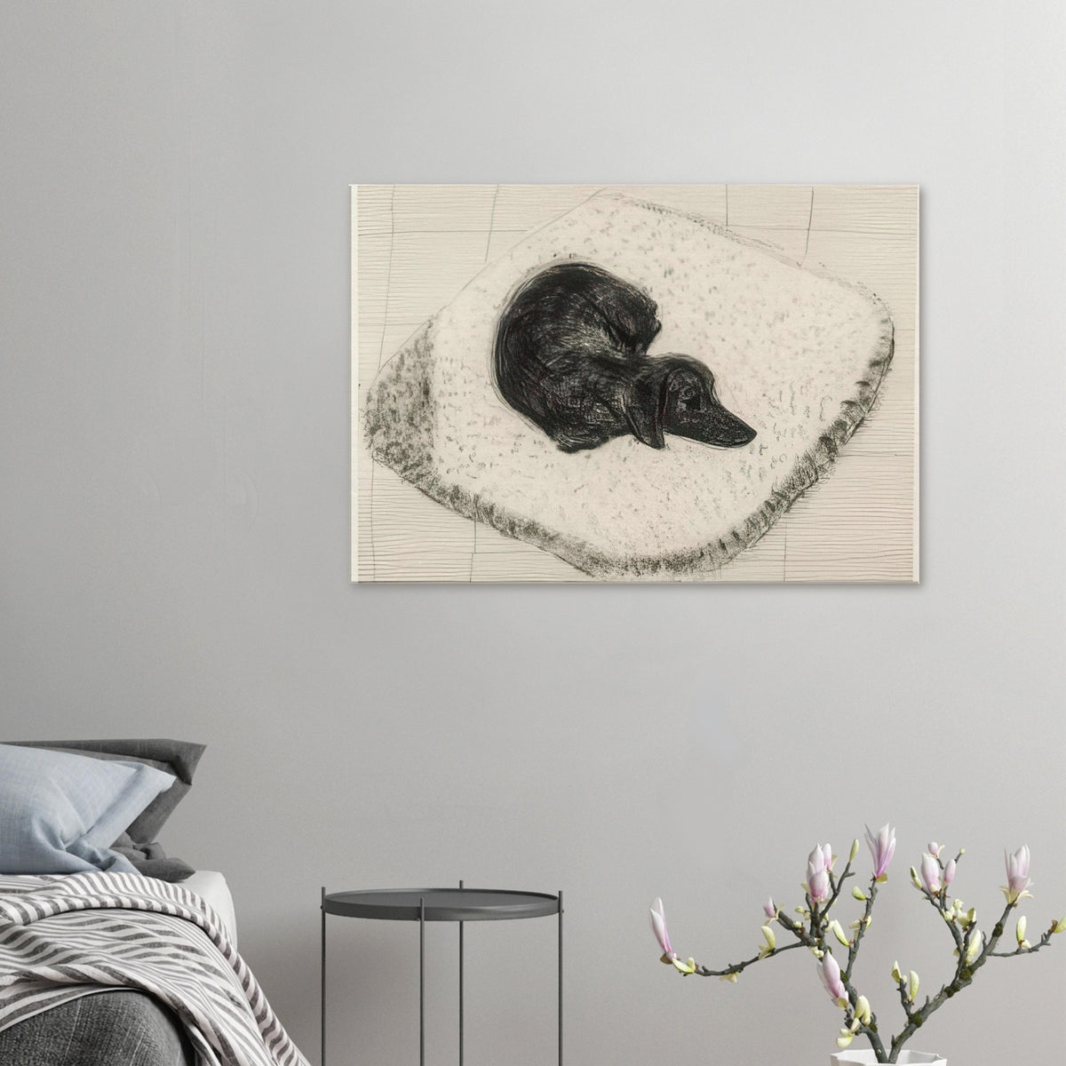 Dog Etching No. 12 by David Hockney, canvas print showing a dark-coated dog curled up on a textured cushion in etched black-and-white lines.